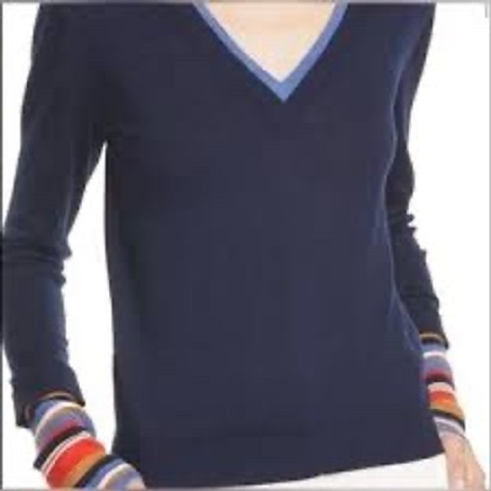 Veronica Beard Navy Merino Wool V-Neck Sweater Striped Cuffs 2001KN0879258 L